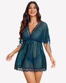 Teal blue mesh short-sleeve dress with lace V-neck and tied waist, scalloped hem