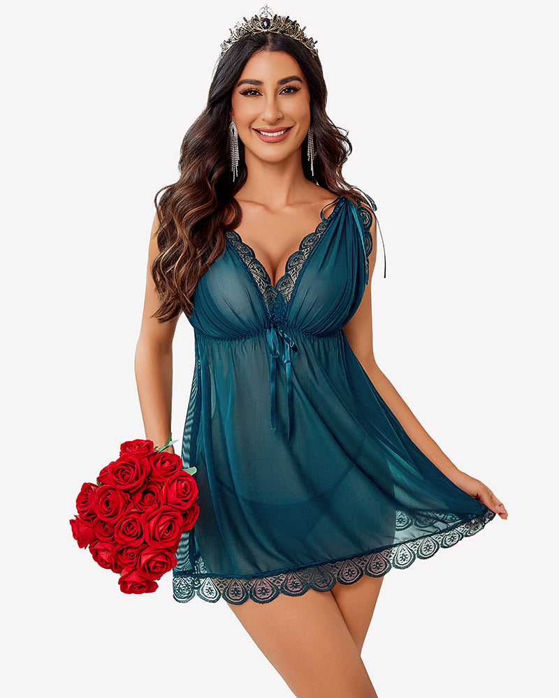 Teal blue sheer mesh short-sleeve dress with lace V-neck and tied waist, scalloped hem