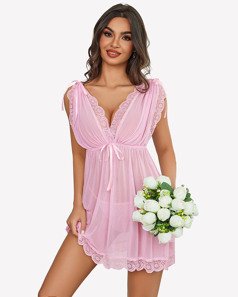 Pink ruffle mesh dress with lace-trim V neckline and tied drawstring waist