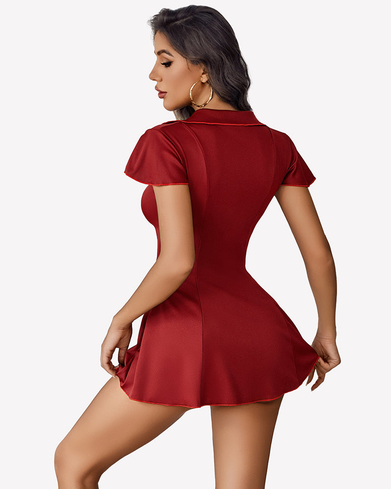Wine red nurse babydoll maid costume, back view with flared skirt hem