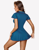 Blue nurse babydoll maid costume, back view with red-trim flared skirt