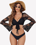 Black lace crop top shrug with tie-front detail and long bell sleeves