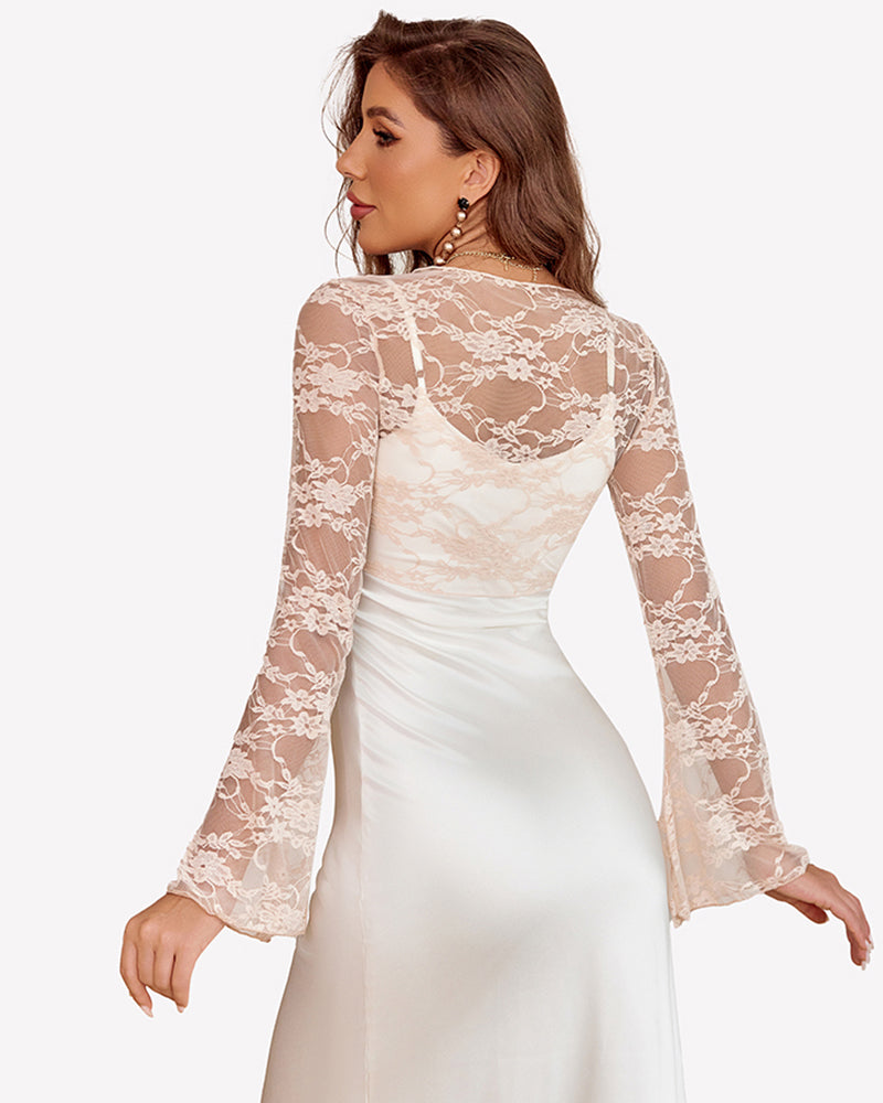 White lace crop top shrug, open back design, long bell sleeves