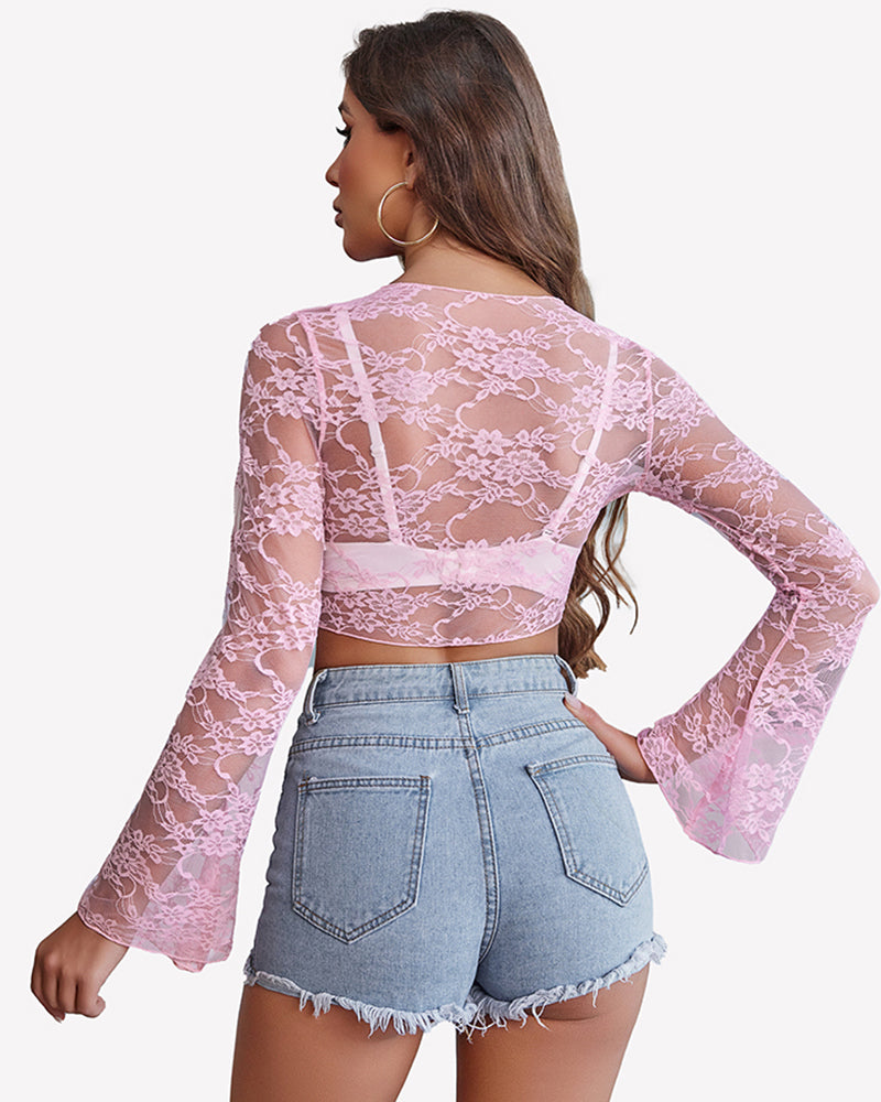 Pink lace crop top shrug with open back and long bell sleeves
