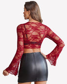 Wine red lace crop shrug with bell sleeves, open back and low V coverage