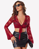 Wine red lace crop shrug top with bell sleeves and tie-front V neckline