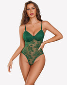 Green lace deep V bodysuit with snap crotch, underwire cups and floral sheer panel.