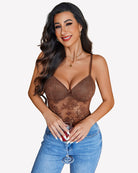 Brown lace deep V bodysuit with underwire cups and slim straps