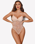 Champagne lace deep V bodysuit with snap crotch, underwire cups and sheer floral front.