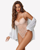 Light champagne lace deep V bodysuit with underwire cups and thin straps