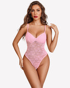 Pink lace deep V bodysuit with snap crotch, adjustable straps and sheer floral panel.