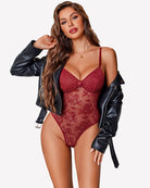 Wine red lace deep V bodysuit with underwire cups and thin straps