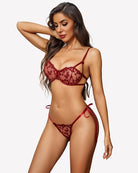 Burgundy sheer tie-side lingerie bra and panty set with embroidered floral pattern