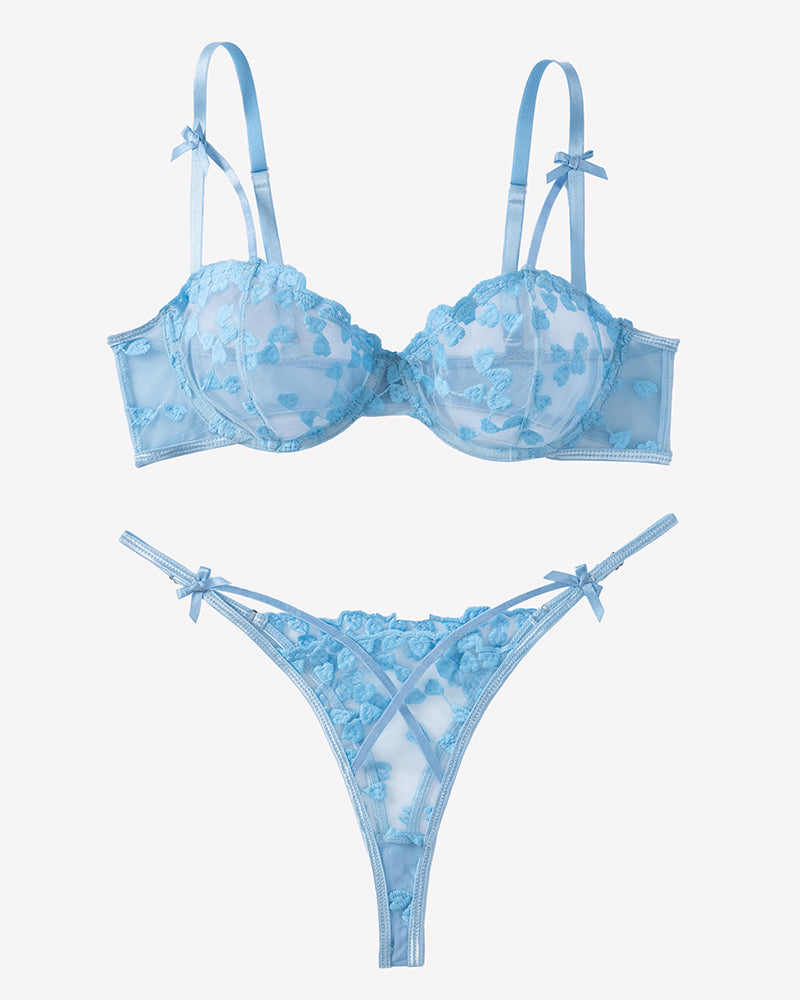 Light blue lace push-up bra and thong set with heart pattern and bow accents