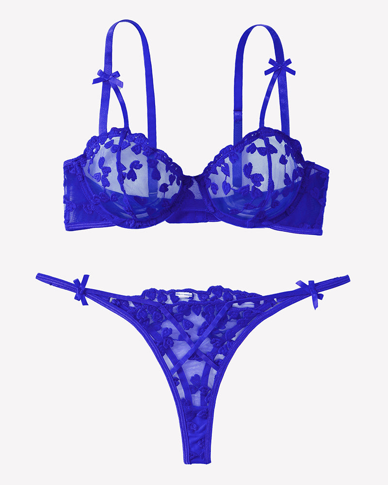 Blue push-up embroidered bra and thong panty set, heart mesh, bow accents