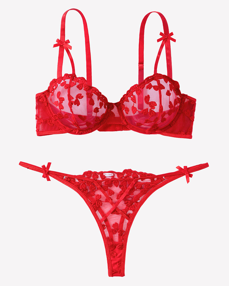 Red push-up embroidered bra and thong panty set, sheer heart pattern, bow details