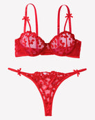 Red push-up embroidered bra and thong panty set, sheer heart pattern, bow details