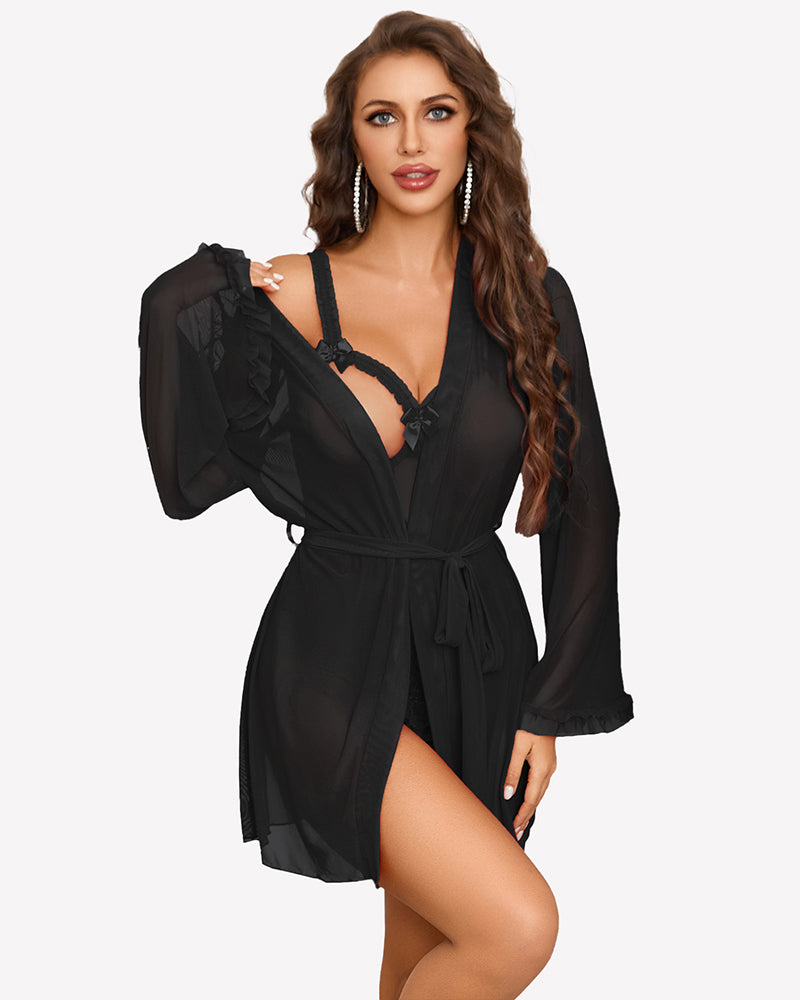 Black sheer kimono robe with tie belt over crotchless lace bodysuit