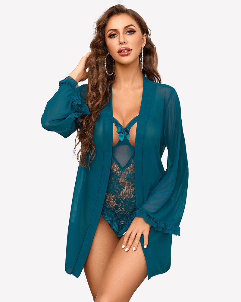 Teal sheer kimono robe with tie waist over lace crotchless bodysuit