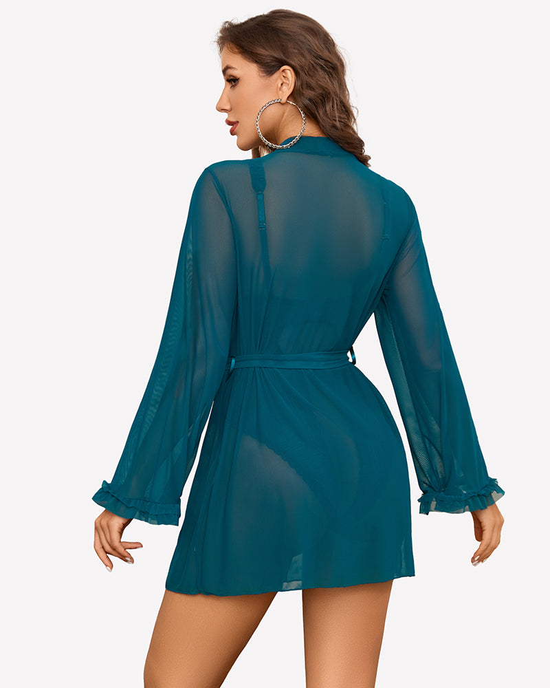 Teal sheer kimono robe with tie waist and long bell sleeves, back view