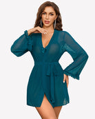Teal sheer kimono robe with tie waist and lace-trim V-neck over bodysuit