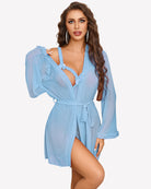 Light blue sheer kimono robe with tie belt and lace-trim crotchless bodysuit