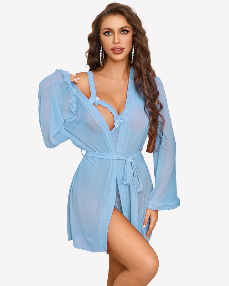 Light blue sheer kimono robe with tie belt and lace-trim crotchless bodysuit