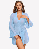 Light blue sheer kimono robe and crotchless bodysuit set with drawstring waist