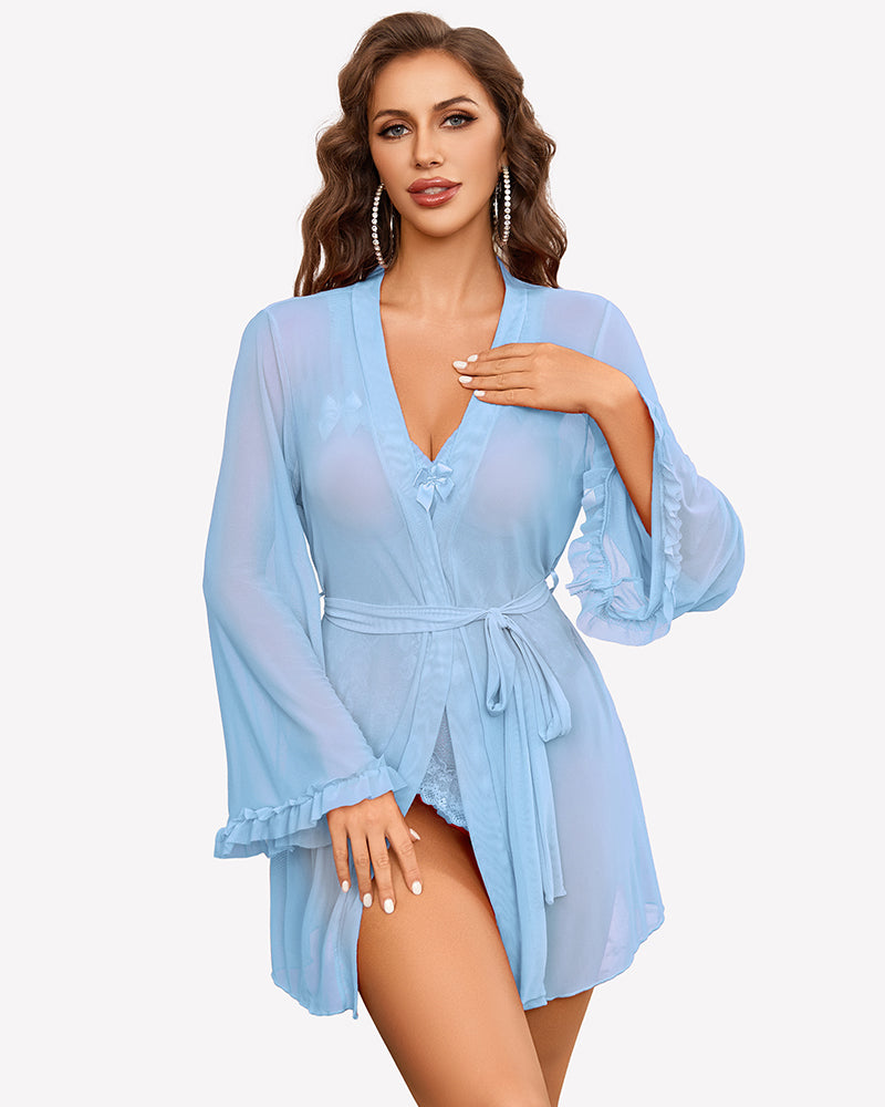 Light blue sheer kimono robe and crotchless bodysuit set with drawstring waist