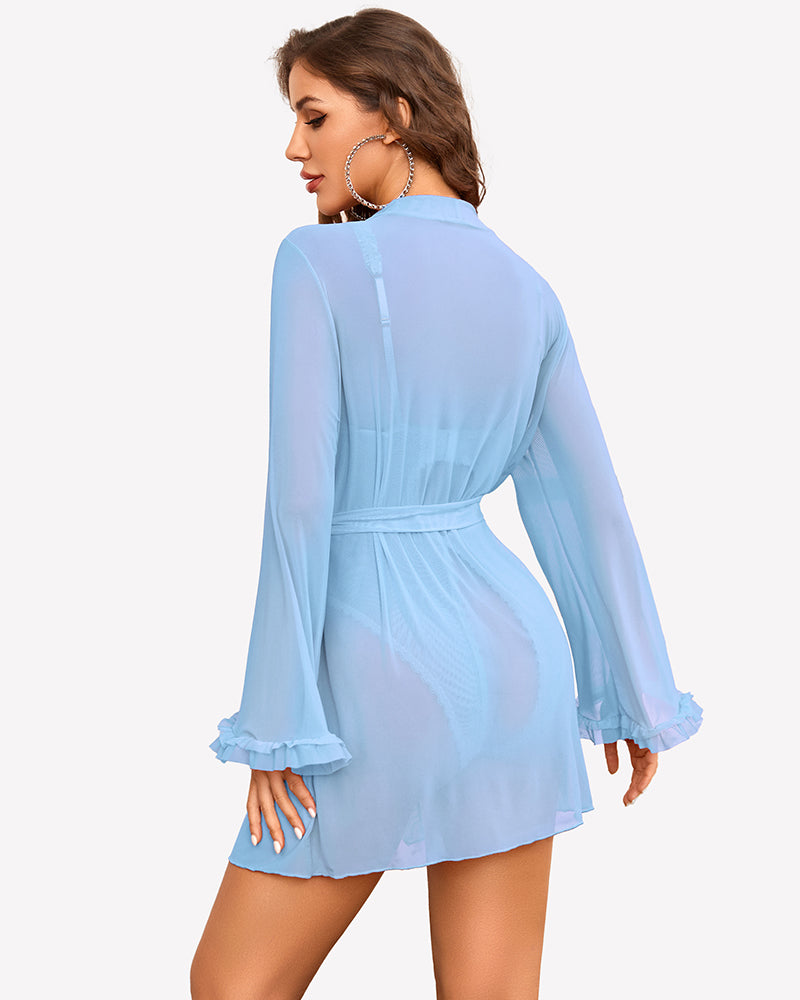 Light blue sheer kimono robe over crotchless bodysuit, back view with tied belt