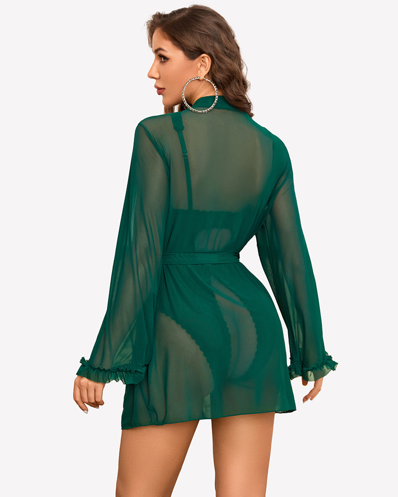 Dark green sheer kimono robe over crotchless bodysuit, back view