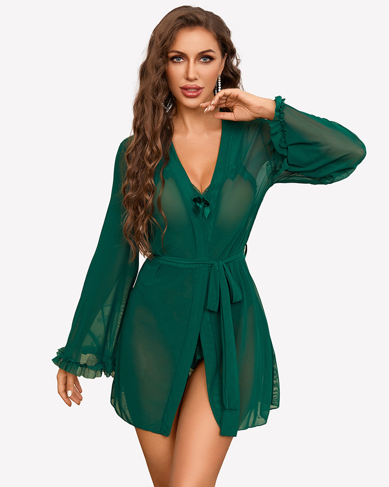 Dark green sheer kimono robe and crotchless bodysuit set, tied waist and ruffled hem