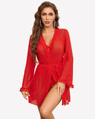 Red sheer kimono robe and crotchless bodysuit set, tied waist and flared sleeves