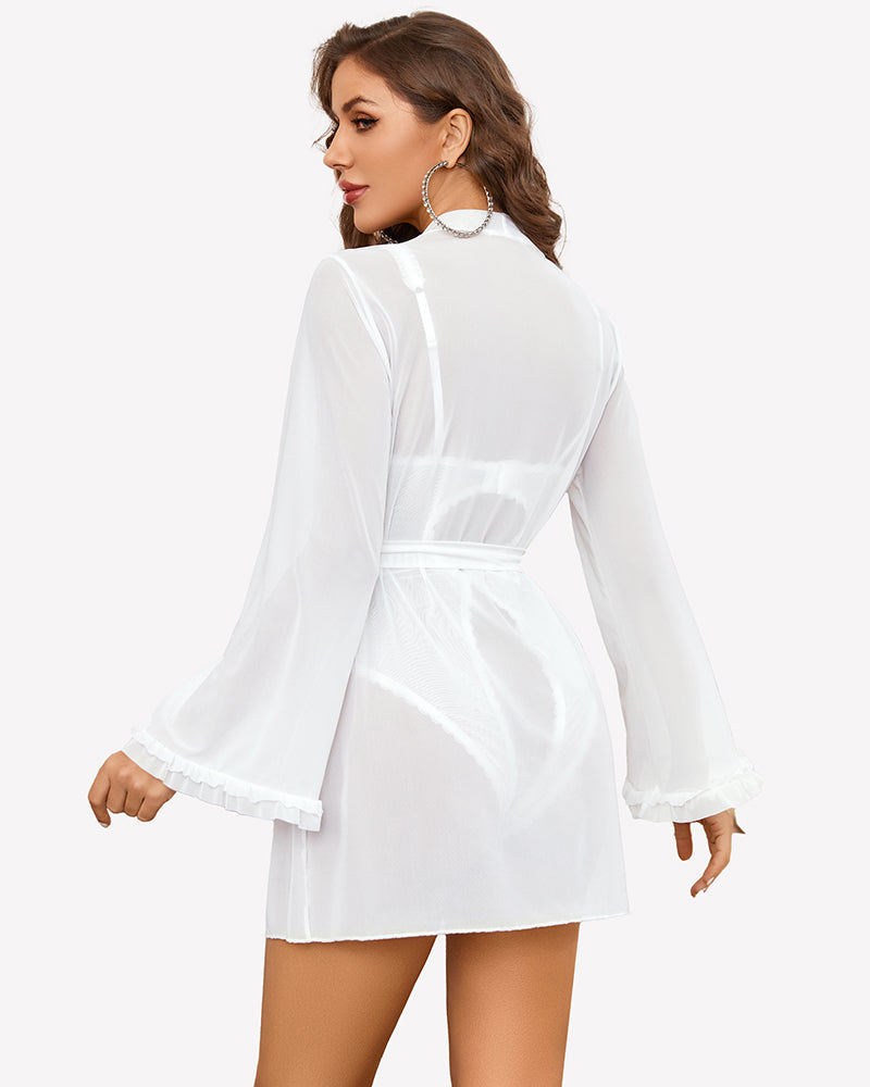 White sheer kimono robe over crotchless bodysuit, back view with belt tie