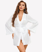 White sheer kimono robe over crotchless bodysuit, tied waist, bell sleeves