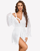 White sheer kimono robe over crotchless bodysuit, V-neck, tied waist