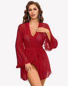 Red sheer kimono robe over crotchless bodysuit, V-neck, tied waist