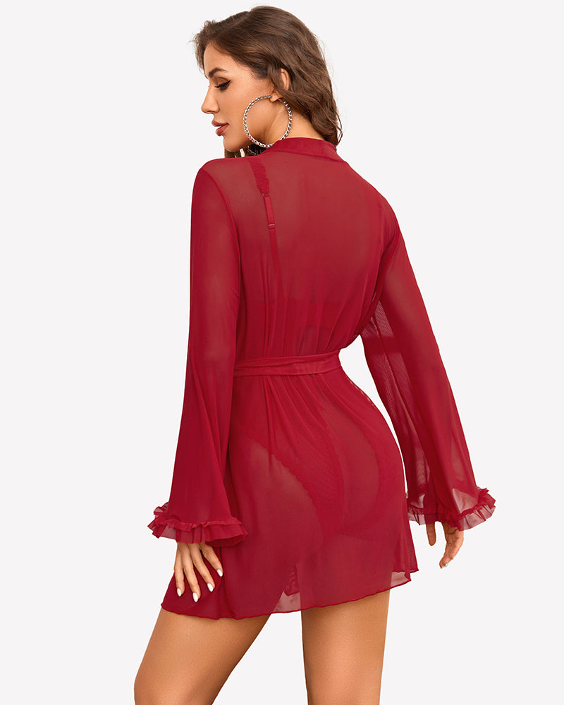 Red sheer kimono robe with tied waist, flared cuffs, long sleeves