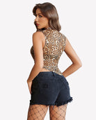 Sheer mock neck tank top with leopard print, asymmetrical hem, back view