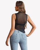 Black sheer mock neck tank top with leopard print, back view