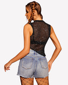 Black sheer mock neck tank top with star print, back view