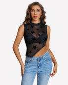 Sheer mock neck tank top with star print, asymmetrical hem, black