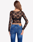 Black mesh lace long-sleeve top, back view, sheer lace back panel