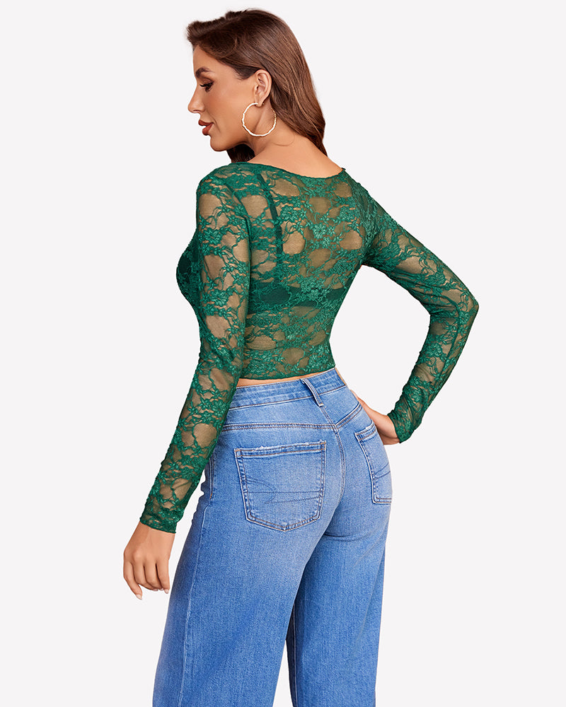 Green mesh lace long-sleeve top, back view, sheer lace back coverage