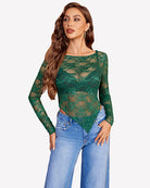 Green mesh lace long-sleeve top with V neckline and sheer floral lace design