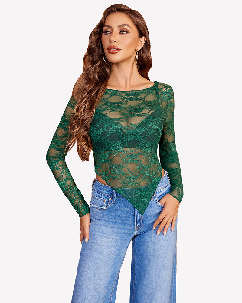 Green mesh lace long-sleeve top with V neckline and sheer floral lace design