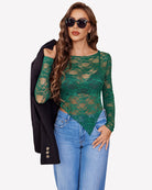 Green mesh lace long-sleeve V-neck top with sheer floral lace pattern