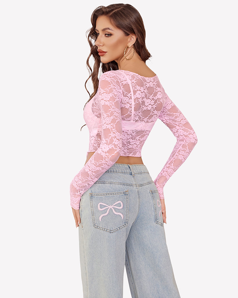 Pink lace mesh long-sleeve top with sheer floral pattern and scalloped neckline