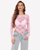 Pink mesh lace long-sleeve top with V neckline and scalloped lace texture