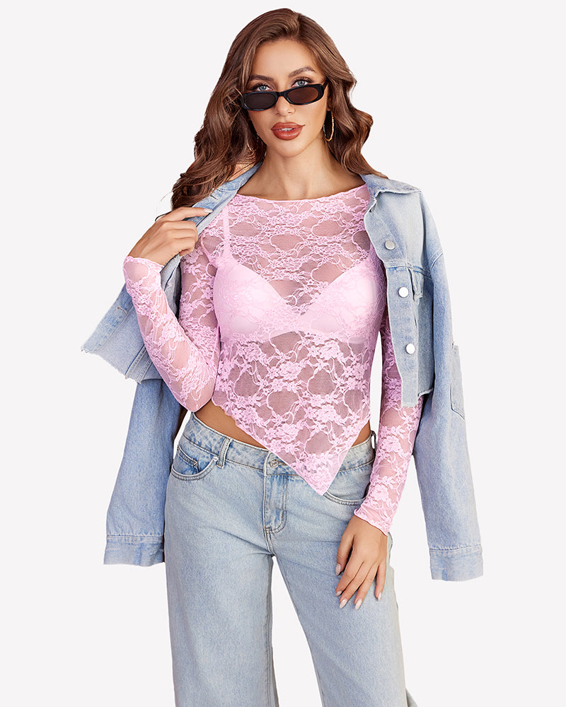 Pink lace mesh long-sleeve top with floral lace overlay and high neckline
